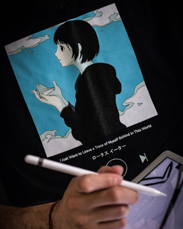 Lotus Eater Model Wearing T-Shirt and Tops. Anime and Music Inspired Girl. Press play