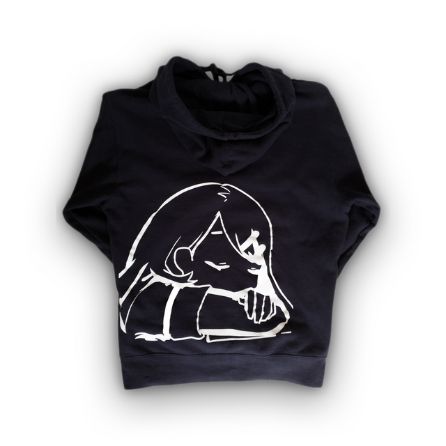 Lotus Eater Dark Navy Hoodie Outerwear. Brand Logo Embroidery and Relax Back Design.