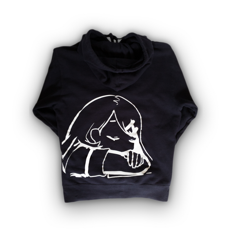 Lotus Eater Dark Navy Hoodie Outerwear. Brand Logo Embroidery and Relax Back Design.