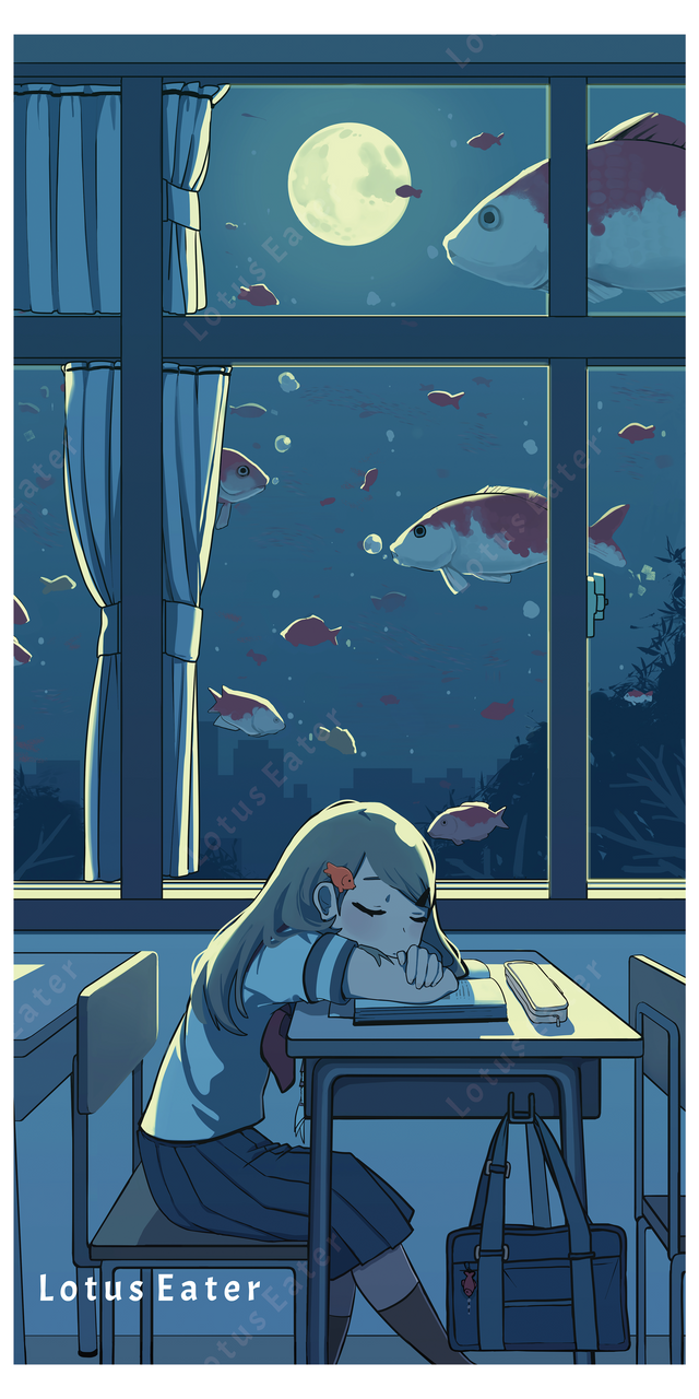 Lotus Eater Banner Artwork. Anime Girl Sleeping Dreams of Koi Fish in School