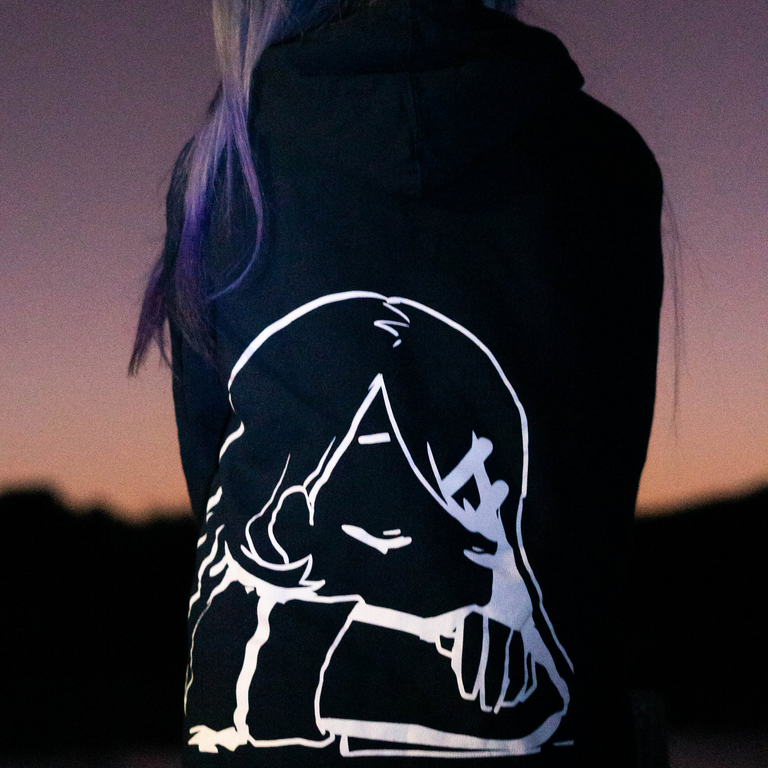 Lotus Eater Model Wearing Hoodie. Brand Logo Embroidery and Relax Back Design. 